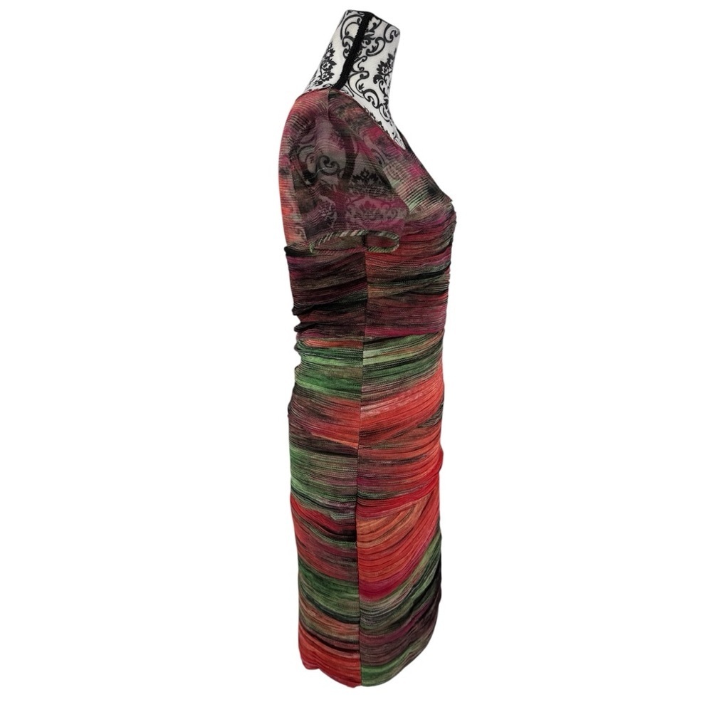 BCBG MaxAzria Donna Colorful Ruched Unique Mesh Bodycon Cap Sleeve Sheath Dress - Picture 11 of 16